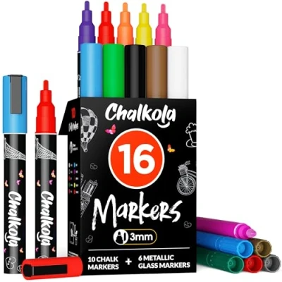 Image of Chalkola Fine Tip Chalk Markers for Blackboard &amp; Glass (Pack of 16, 3mm Reversible Tip) Washable Window Markers, Liquid Pens Calendar, Mirror, Car Chalkboard Erasable