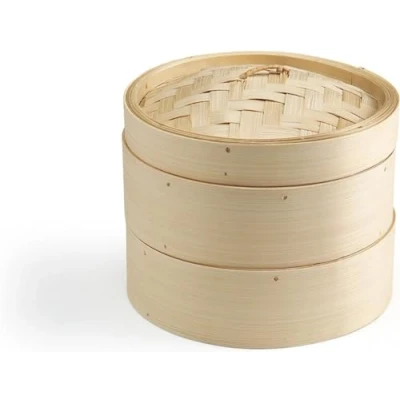 Image of MantraRaj 2 Tier Bamboo Steamer Set 10 CM Two Food Basket Vegetable Healthy Cooking for Vegetables, Dim Sum Dumplings, Buns, Chicken Fish And Meat