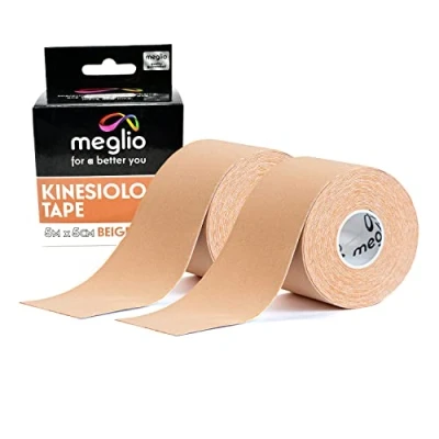 Image of Meglio Kinesiology Tape Uncut 5m Roll Sports Strapping for Injuries, Support Muscle Tape, K Physio Trans Athletic Breathable &amp; Waterproof (Beige) 2 Rolls
