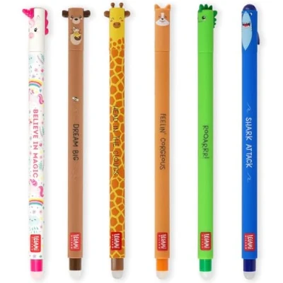 Image of LEGAMI Set of 6 Erasable Gel Pens with Thermosensitive Erase Ink, Range ink colours &amp; barrel designs, 0.7mm Tip, Unicorn, Teddy Bear, Giraffe, Corgi, Dino, Shark Designs