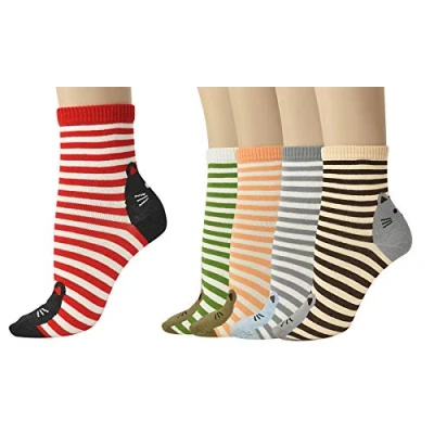 Image of Vinsani® Kitty Face &amp; Stripes Print Socks 5 Pairs Pack Cat Faces Design OneSize Fits All Cotton