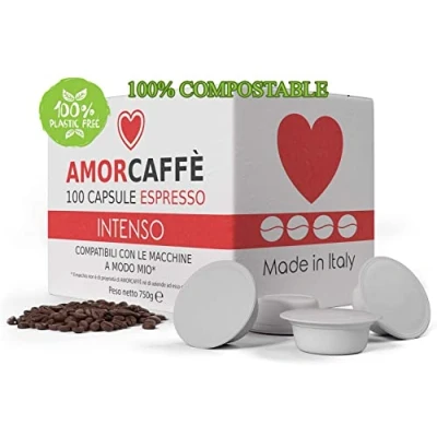 Image of Amorcaffe 100 Compostable Compatible Coffee Capsules Pods for Lavazza A Modo Mio Intenso taste Plastic free