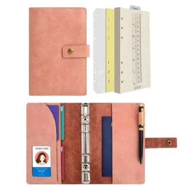 Image of WONDERPOOL Leather Diary Refillable Notebook Spiral Journal Binder Portfolio Dot Grid Paper &amp; Inner Pockets for Travel Work and Personal Organizer (Pink, A6)