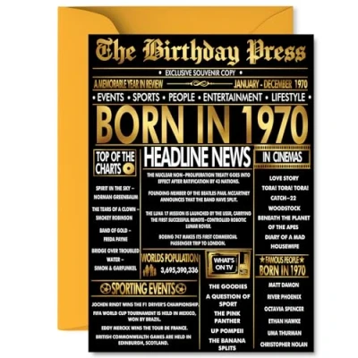 Image of Gold 55th Birthday Card for Men Women Black &amp; Golden Newspaper Born in 1970 Happy 55 Cards Grandad Husband Brother Nan Colleague Grandma, A5 Bday Greeting