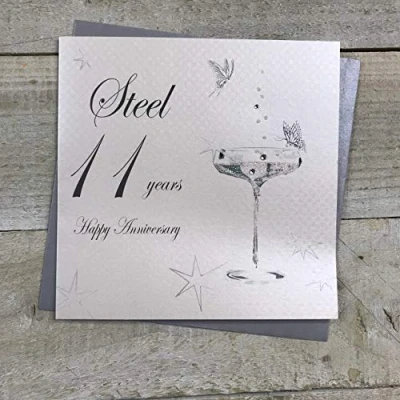 Image of White Cotton Cards BD111C Coupe Glass &quot;Happy Anniversary &#039;Steel&#039; 11 Years&quot; Handmade Card,
