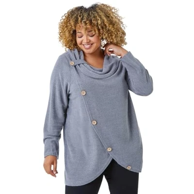 Image of Roman Curve Cowl Neck Button Wrap Top for Women UK Ladies Autumn Everyday Winter Holiday Long Sleeve Soft Drape Neckline Comfy Cozy Relaxed Fit Shirts Light Grey Size 20
