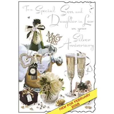 Image of Illustrated Son &amp; Daughter In Law Silver Anniversary Card (JJ9233) From The Velvet Range Embossed With A Foil Flitter Finish