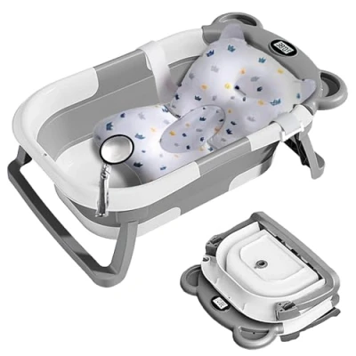 Image of Grismire Foldable Baby Bath Tub Newborn to Toddler Portable, Collapsible Travel Multifunctional with Anti Slip Mat, Drain Hole, Thermometer Grey