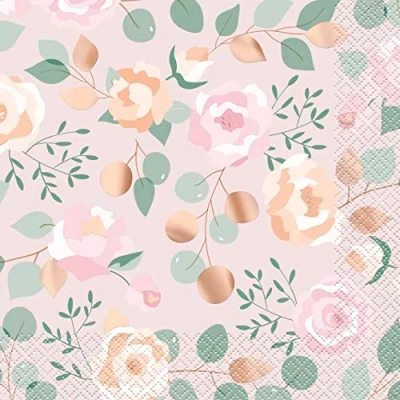 Image of Unique 28712 Foil Stamped Paper Napkins 16.5 cm Pink Blooms Floral Party 16 Count (Pack of 1), Multicolour
