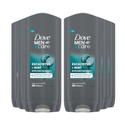 Image of Dove Men+ Care 3 in 1 Body, Face and Hair Wash Eucalyptus + Mint 24H Nourishment with Relaxing Fresh Scent Body for Healthier, Smoother Feeling Skin, 400ml Pack of 6
