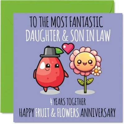 Image of Cute Linen Anniversary Card for Daughter &amp; Son In Law 4 Years Together Happy 4th Wedding Cards Daughter, 145mm x Greeting Fourth Anniversaries