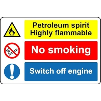 Image of Petroleum Spirit Highly Flammable no Smoking Switch Off Engine Safety Sign Self Adhesive Sticker (300mm x 200mm)