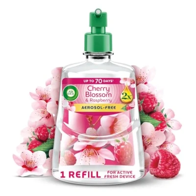Image of Air Wick Cherry Blossom &amp; Raspberry Aerosol Free Automatic Spray Refill 228ml, Lasts up to 70 days, Freshener