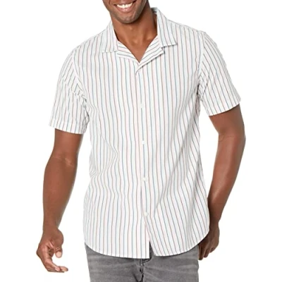 Image of Amazon Essentials Men&#039;s Slim fit Vacation Shirt, Pink Teal Blue Vertical Stripes, XL