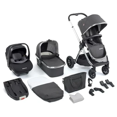 Image of Babymore Memore V2 Travel System 13 Piece Chrome 3 in 1 Pram System, Foldable, Reclining Baby Pushchair, Premium Pecan i Size Car Seat with ISOFIX Base &amp; Essentials, 0 4 Years Up to 22 Kg