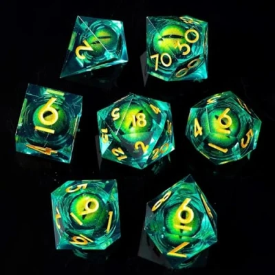 Image of Power Beast Dungeon Set 7 Polyhedral Dice with Rotating Dragon Eye, DND Set, Eye DND, D&amp;D, Dungeons and Dragons, Master.