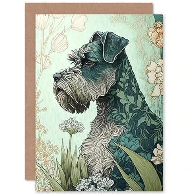 Image of Artery8 Grey Schnauzer Dog with Floral Pattern Fur Coat in Flowers Modern Watercolour Illustration Art Birthday Sealed Greeting Card Plus Envelope Blank inside