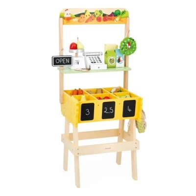 Image of Janod Children’s Farmer’s Market Stand Pretend Play Toy 32 Accessories Imagination Enhancing FSC Wood Water Based Paint 3 Years +, J03322