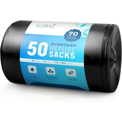 Image of EcoBag 50 Pack Extra Strong Heavy Duty Garden Sacks 100L 30 Microns Recyclable, Leak Resistant &amp; Eco Friendly, Durable Waste Disposal Bags for Household Commercial Use (736x990mm)