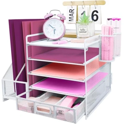 Image of ideallife Metal Desk Organiser Tray, 5 Tier Paper Letter Tray with File Holder, Mesh Magazine Holder for Office Document (White)