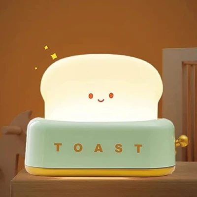 Image of ipalmay Cute Bread Led Night Light,USB Rechargeable Toast Lamp,Home Light Bedside Sleep Lamp Desk Decor for Kids (Green Toast)