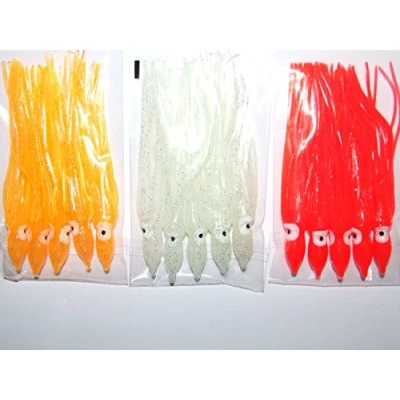 Image of FFT SUPER CATCH LUMO, RED, ORANGE SPARKLE SQUID MUPPET LURES 12cm x 15 BOAT WRECK NORWAY BASS COD SEA FISHING