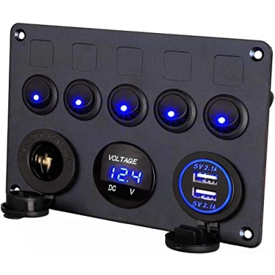 Image of Thlevel USB Car Charger Socket 12V Switch Panel Cigarette Lighter with 5 Gang Control LED Rocker &amp; Voltmeter for 12V/24V Boat Vehicle Marine