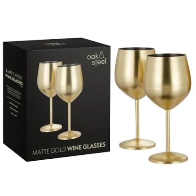 Image of Oak &amp; Steel 6 Elegant Large Wine Glasses, 550ml Unbreakable Glass Gift Set for Home Bar, Wedding, Anniversary, Birthday Party Gold Matte