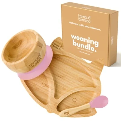 Image of Bamboo Baby Plate &amp; Bowl Weaning Set, Suction and for Feeding Weaning, Fox Plate, Toddler Spoon, Plates Babies from 6 Months (Fox, Pink)