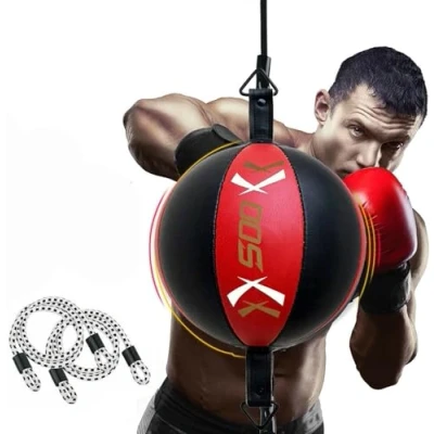Image of Double End Speed Ball Maya Hide Leather Boxing Dodge Bag Speedball Punching MMA Training Workout Floor to Ceiling Rope (Red/Black)