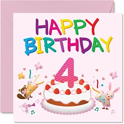 Image of 4th Birthday Card Girl Critter Party Happy 4 Year Old Girl, Girls Cards for Her, 145mm x Greeting Daughter Niece Granddaughter Kid Children