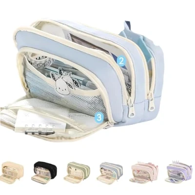 Image of Big Capacity Pencil Case, 3 Compartments Large Pouch, Simple Holder Pouch Organizer Pen Cases, Bag Box (Blue)