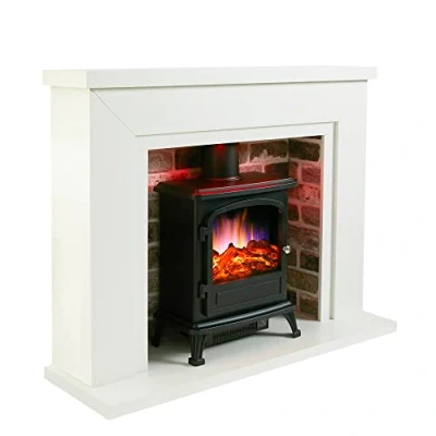 Image of Endeavour Fires Farlington Electric Fireplace, Black Log Burner Stove in 48’’ Off White Surround, LED Downlights with Remote Control (White Top/Grey Brick)