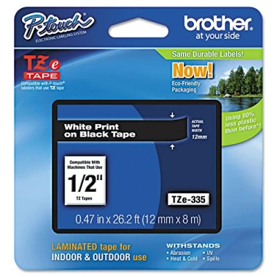 Image of Brother Genuine P Touch TZE 335 Label Tape, 1/2&quot; (0.47&quot;) Standard Laminated White on Black, for Indoor or Outdoor Use, Water Resistant, 26.2 Feet (8M), Single Pack