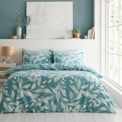 Image of GC GAVENO CAVAILIA Leaf Pattern Duvet Cover King Size (230x220cm) Polycotton Set 3 Piece Bedding Bed with Pillowcase Washable Linen Teal/Green