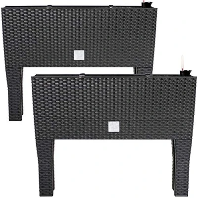 Image of Deuba® 2x Raised Flower Pot Planter Bed 30L 60x25x46cm Water Irrigation System Rattan Look UV Resistant Trough Box with Detachable Feet Legs Anthracite