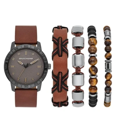 Image of Skechers Watch for Men, Quartz Movement with Silicone, Polyurethene, Leather Or Stainless Steel Strap, Brown and Grey Set, 44MM