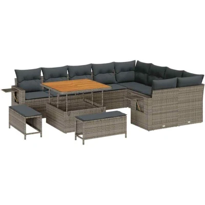 Image of vidaXL 12 Piece Garden Sofa Set with Cushions Grey Poly Rattan Acacia