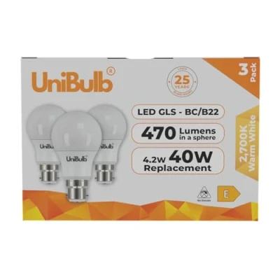 Image of Unibulb Bayonet B22 4.2W 470lm LED Light Bulbs, 40W Equivalent, Warm White 2700K, A19 Energy Saving Lightbulbs, 180 Wide Beam, Non dimmable, Pack of 3