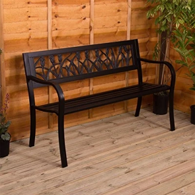 Image of Garden Vida Steel Bench, Tulip Design 3 Seater Outdoor Furniture Seating Park Patio Seat