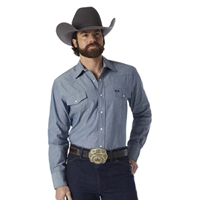 Image of Wrangler Men&#039;s Cowboy Cut Western Long Sleeve Snap Work Shirt Washed Finish Shirt, Stonewashed, XXL