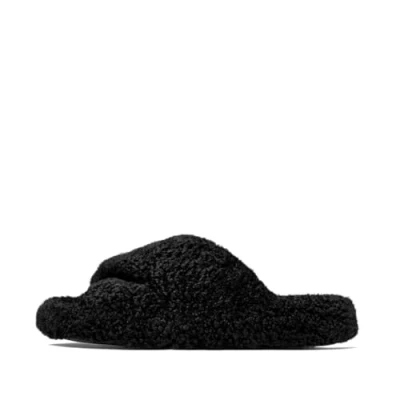 Image of Fitflop Women&#039;s iQUSHION D Luxe Padded Teddy Cross Slides Sandal, Black, 5 UK
