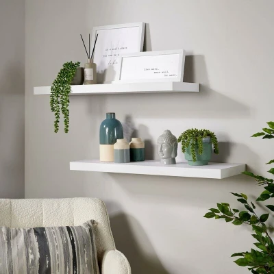 Image of Home Source Pair of 2 Floating Wall Mounted Storage Shelf Wooden DVD Book Shelves, Matt White, 80 cm