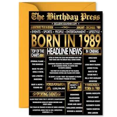 Image of Gold 36th Birthday Card for Men Women Black &amp; Golden Newspaper Born in 1989 Happy 36 Cards Uncle Sister Cousin Son Brother Husband, A5 Bday Greeting