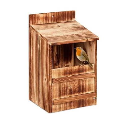 Image of Nesting Box, for Secondary Cavity Birds, with Flap, Entrance Slit HxW: 10 x 19.5 cm, Birdhouse, Wood, Natural Relaxdays