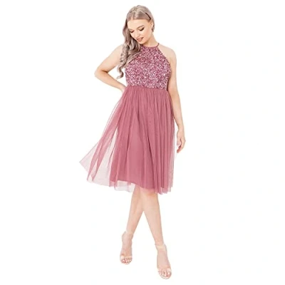 Image of Maya Deluxe Women&#039;s Ladies Midi Dress with Halter Neck Tulle for Evening Graduation Prom Wedding Bridesmaids Ball Gown, Desert Rose, 8