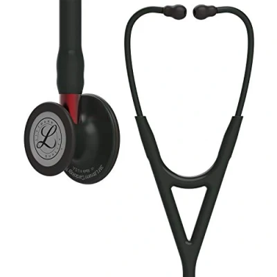 Image of 3M Littmann Cardiology IV Diagnostic Stethoscope, Black Finish Chestpiece, Tube, Red Stem and Headset, 27 inch, 6200