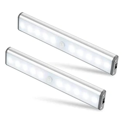Image of Moston 10 LED Magnetic Motion Sensor Wardrobe Closet Lights,Auto On/Off Under Cupboard Cabinet Lighting,Rechargeable Battery Powered Sensing Night Light,Stick on Anywhere (Silver Aluminium,2 Pack)