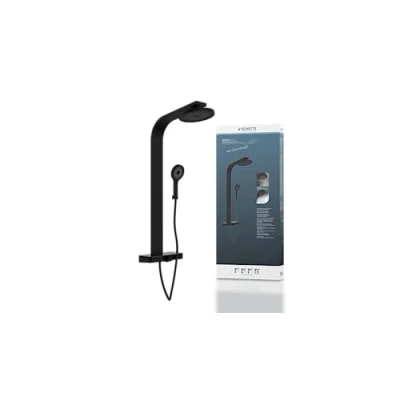 Image of SCHÜTTE Samoa RAIN 60576 Shower Panel with Thermostatic Glass Shelf, System Innovative Velvet Jet Technology, Set (Rain Wall Mount, Column), Matt Black