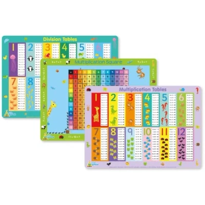 Image of Little Wigwam Numeracy 2 Placemat Pack Set of 3 Educational Placemats Multiplication Tables, Division Square